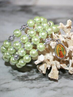 ARTISAN Bracelet Rosary Cross Charm Wire Wrap Pastel Green Pearl Silver Cuff